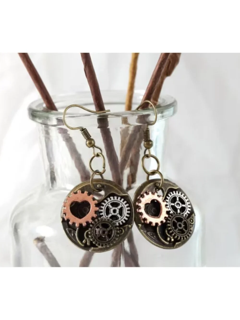 Steampunk Gear Earrings – Vintage Industrial Clockwork Dangle Earrings, Retro